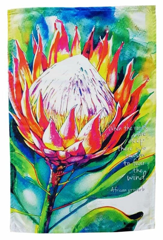Microfibre Tea Towel - Protea. A unique Tea Towel gift portraying the National flower of South Africa in its colourful and vibrant colours. The original artwork is printed on a soft, durable microfibre fabric, it is fully washable and dry quickly. A fabric loop is stitched into the reverse top seam onto each tea towel for easy hanging.